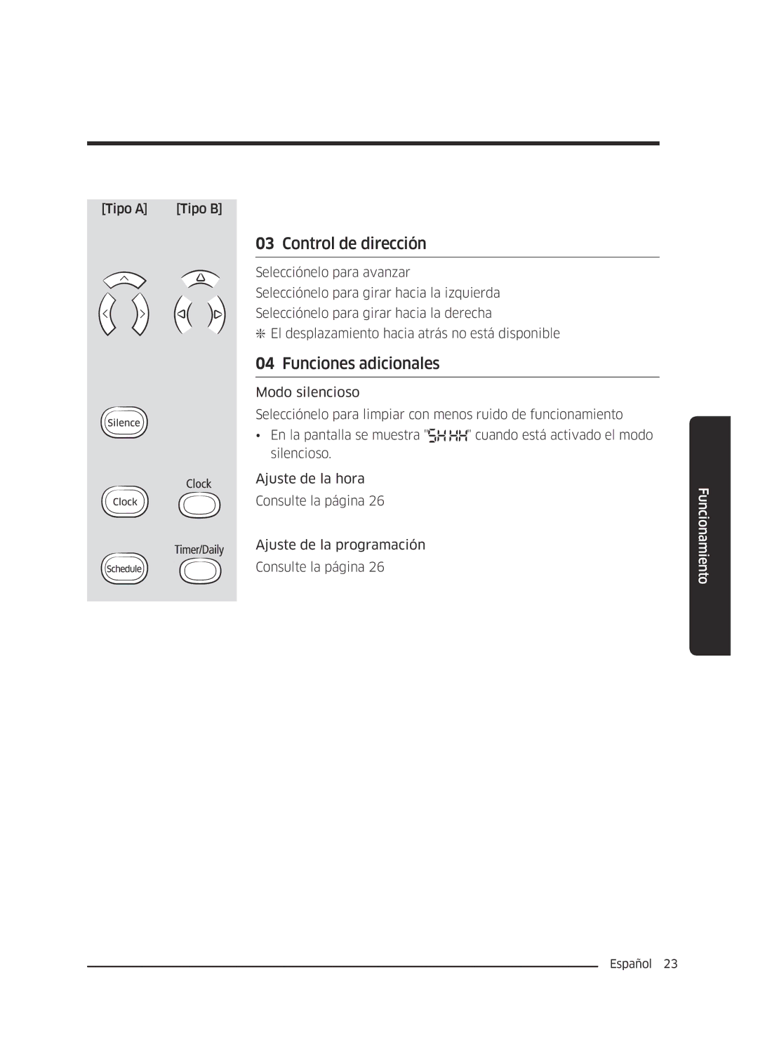 Samsung VR10J5034UC/ET, VR10J5010UA/ET, VR10J5054UD/ET manual Control de dirección, Funciones adicionales 