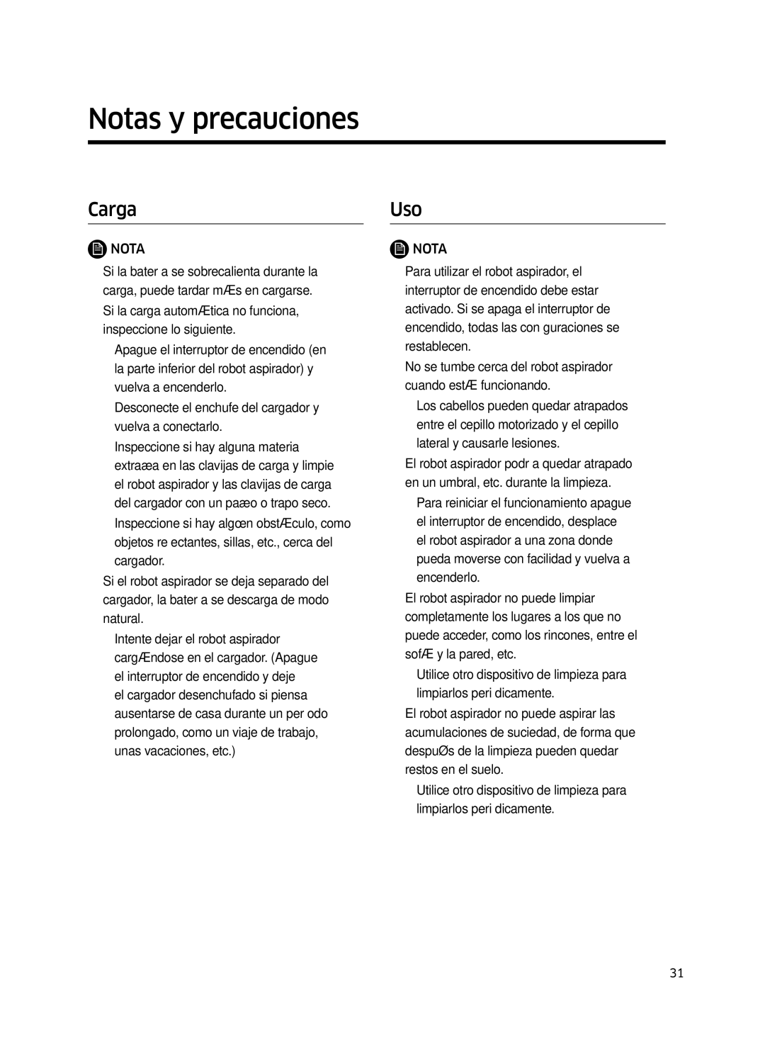 Samsung VR10J5054UD/ET, VR10J5010UA/ET, VR10J5034UC/ET manual Notas y precauciones, Carga, Uso 