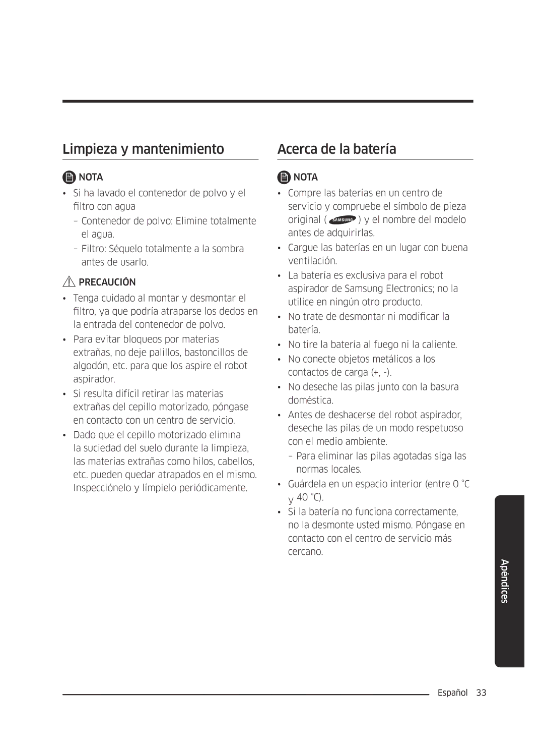 Samsung VR10J5010UA/ET, VR10J5054UD/ET, VR10J5034UC/ET manual Limpieza y mantenimiento, Acerca de la batería 