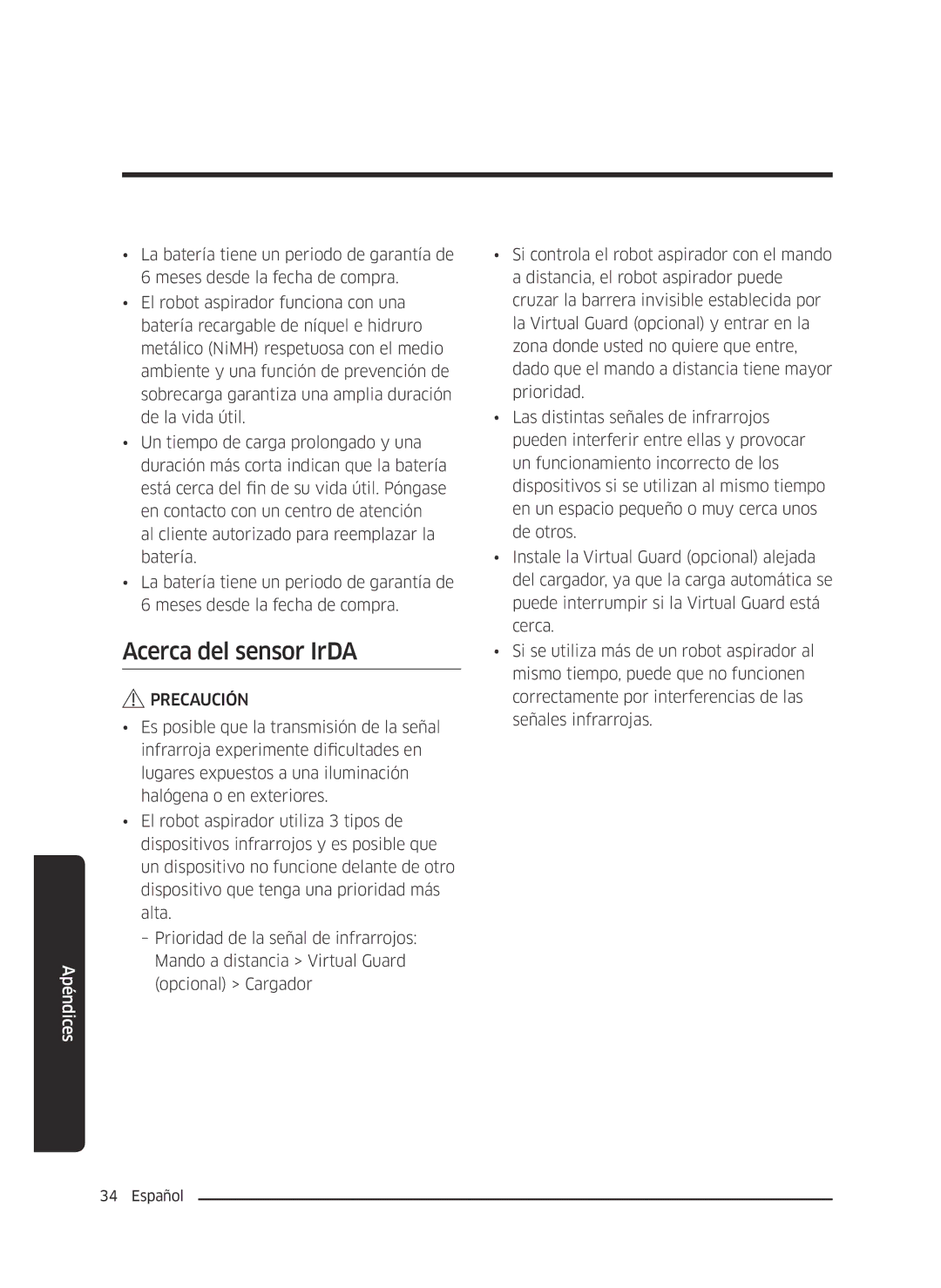 Samsung VR10J5054UD/ET, VR10J5010UA/ET, VR10J5034UC/ET manual Acerca del sensor IrDA 