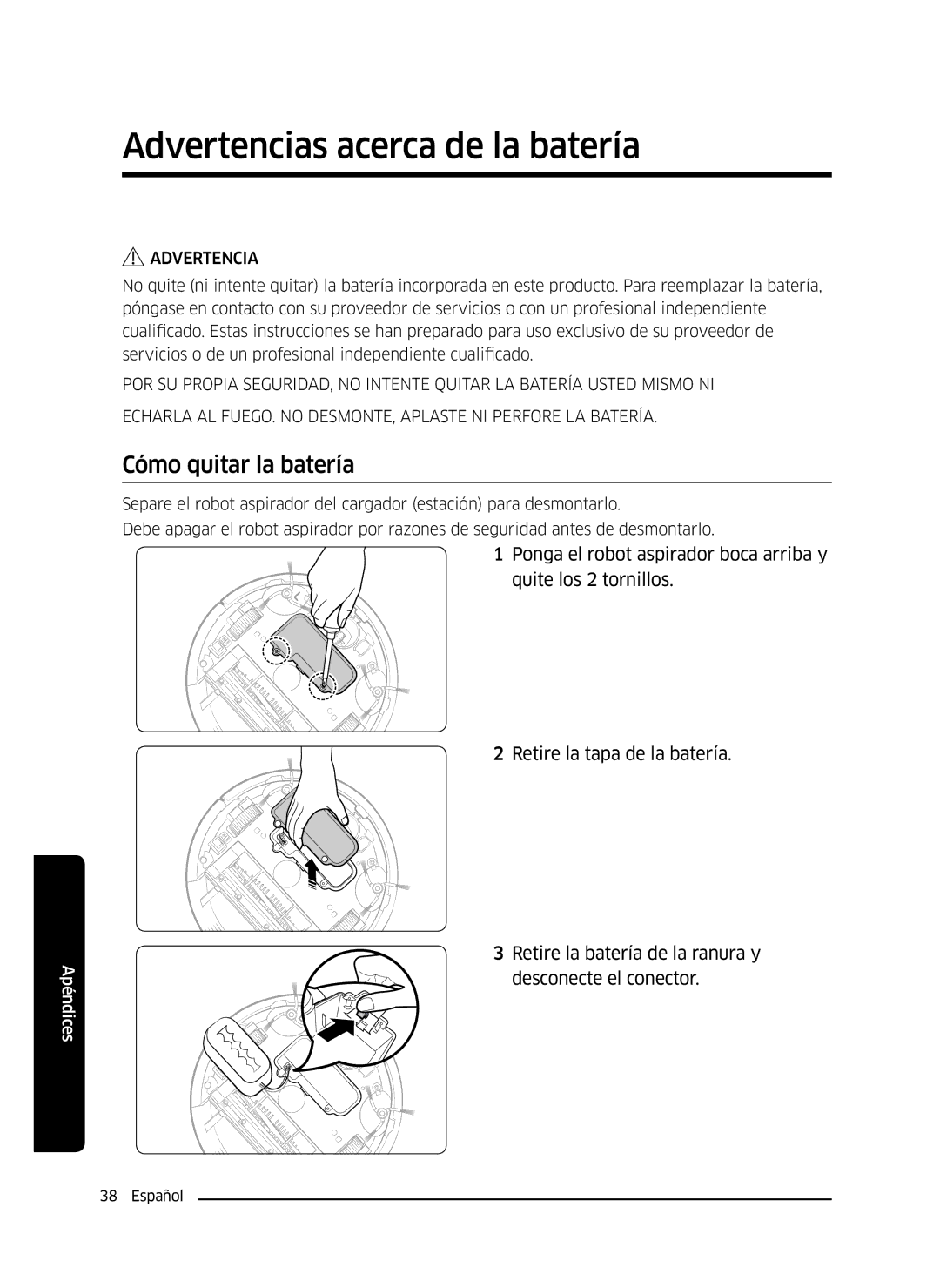 Samsung VR10J5034UC/ET, VR10J5010UA/ET, VR10J5054UD/ET manual Advertencias acerca de la batería, Cómo quitar la batería 