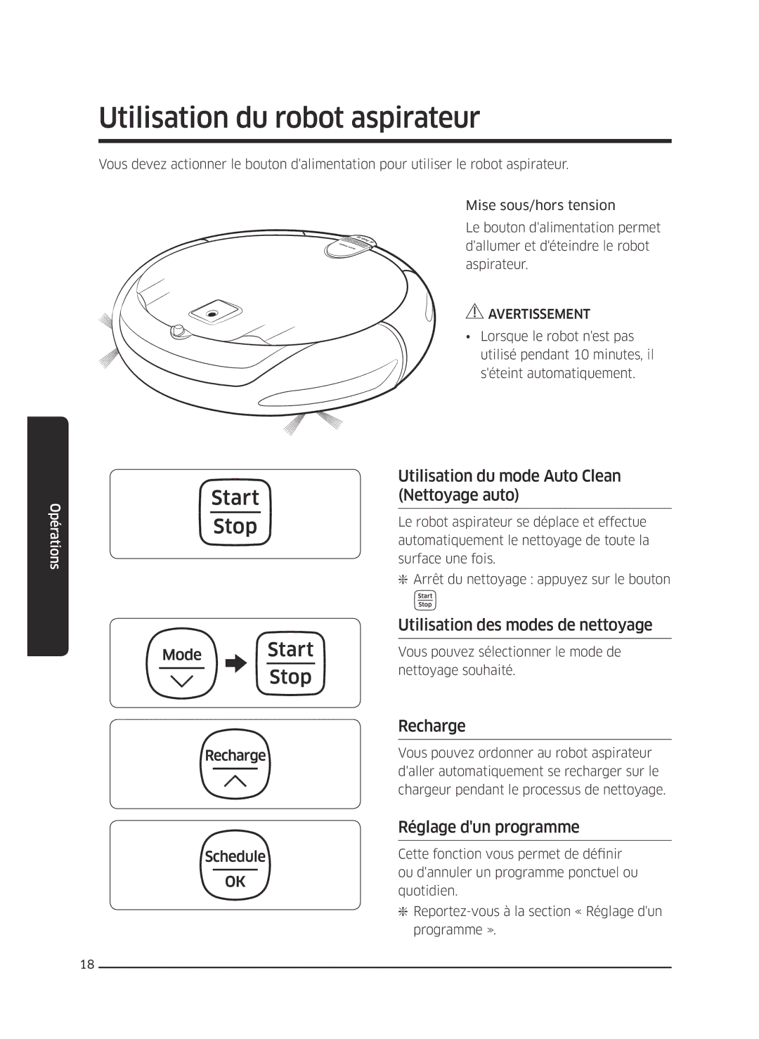 Samsung VR10J502FUB/EF, VR10J5010UG/EF manual Utilisation du robot aspirateur, Utilisation du mode Auto Clean Nettoyage auto 