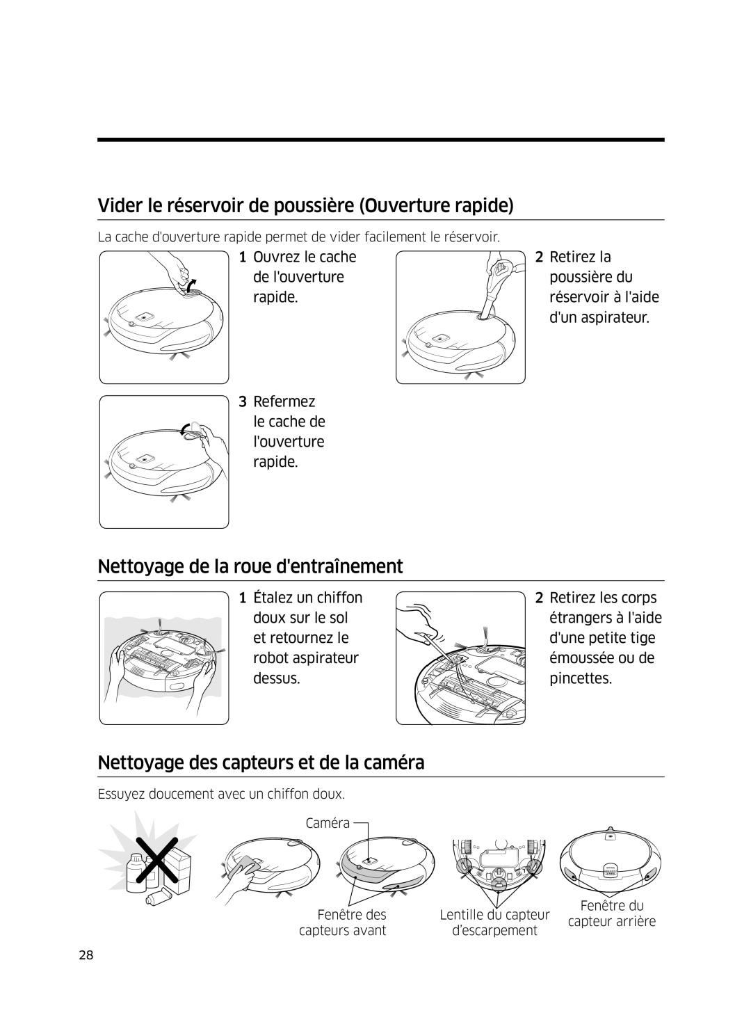 Samsung VR10J502FUB/EF manual Vider le réservoir de poussière Ouverture rapide, Nettoyage de la roue dentraînement 