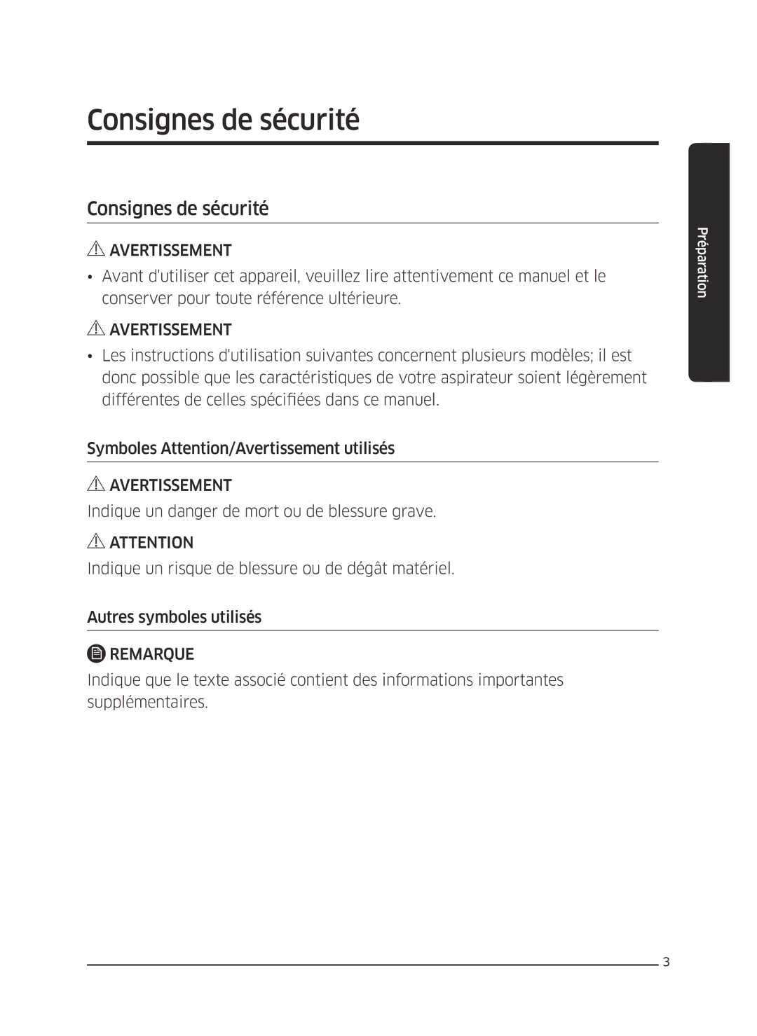 Samsung VR10J502FUB/EF, VR10J5010UG/EF, VR10J501FUA/EF, VR10J505FUD/EF, VR10J503FUC/EF manual Consignes de sécurité 