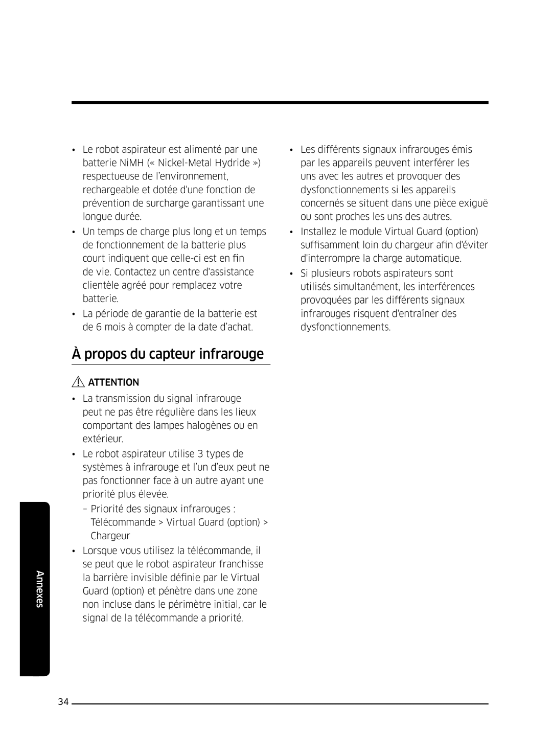 Samsung VR10J503FUC/EF, VR10J5010UG/EF, VR10J501FUA/EF, VR10J505FUD/EF, VR10J502FUB/EF manual Propos du capteur infrarouge 