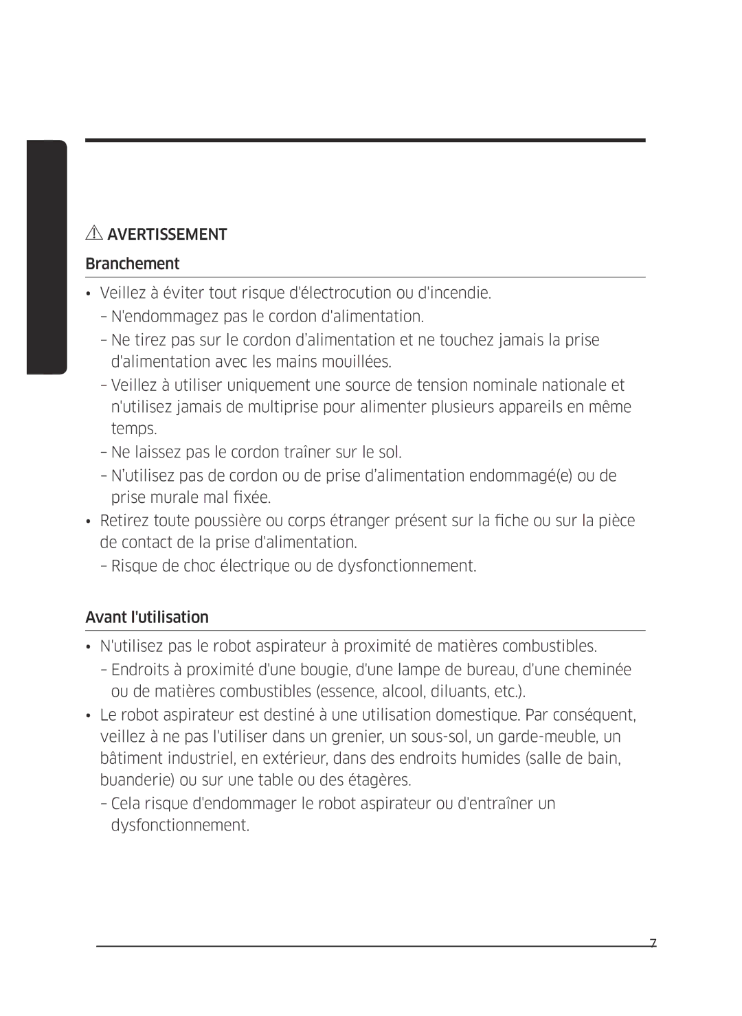 Samsung VR10J505FUD/EF, VR10J5010UG/EF, VR10J501FUA/EF, VR10J502FUB/EF, VR10J503FUC/EF manual Avertissement 