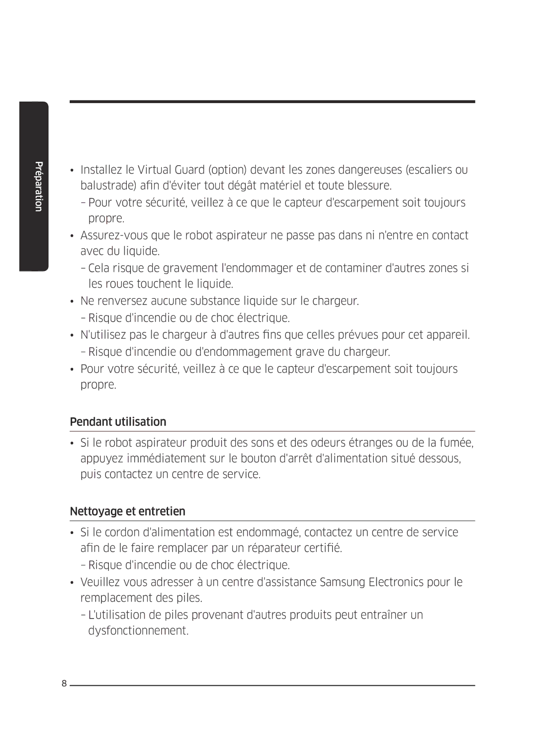 Samsung VR10J502FUB/EF, VR10J5010UG/EF, VR10J501FUA/EF, VR10J505FUD/EF, VR10J503FUC/EF manual Préparation 