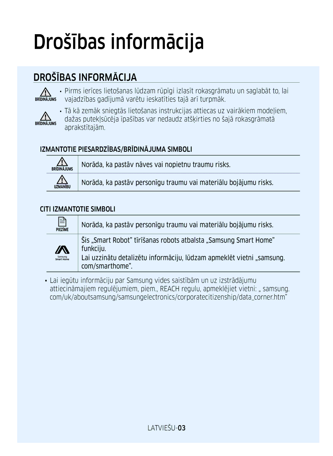 Samsung VR10M701BUW/SB manual Drošības informācija, Izmantotie PIESARDZĪBAS/BRĪDINĀJUMA Simboli, Citi Izmantotie Simboli 