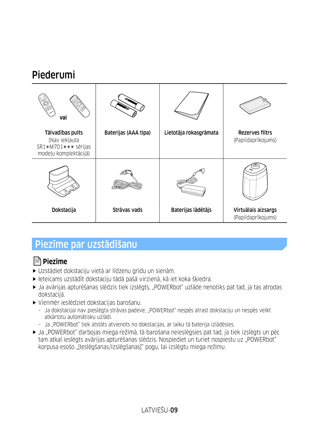 Samsung VR10M701BUW/SB manual Piederumi, Piezīme par uzstādīšanu, LATVIEŠU-09, Vai, Tālvadības pults Nav iekļauta 