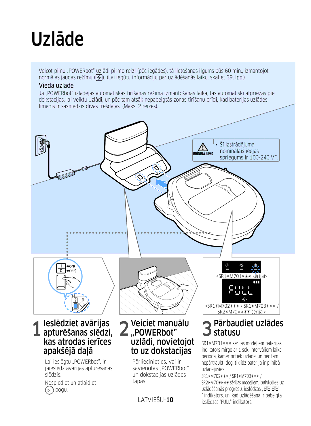 Samsung VR10M701BUW/SB manual Uzlāde, Viedā uzlāde, LATVIEŠU-10 