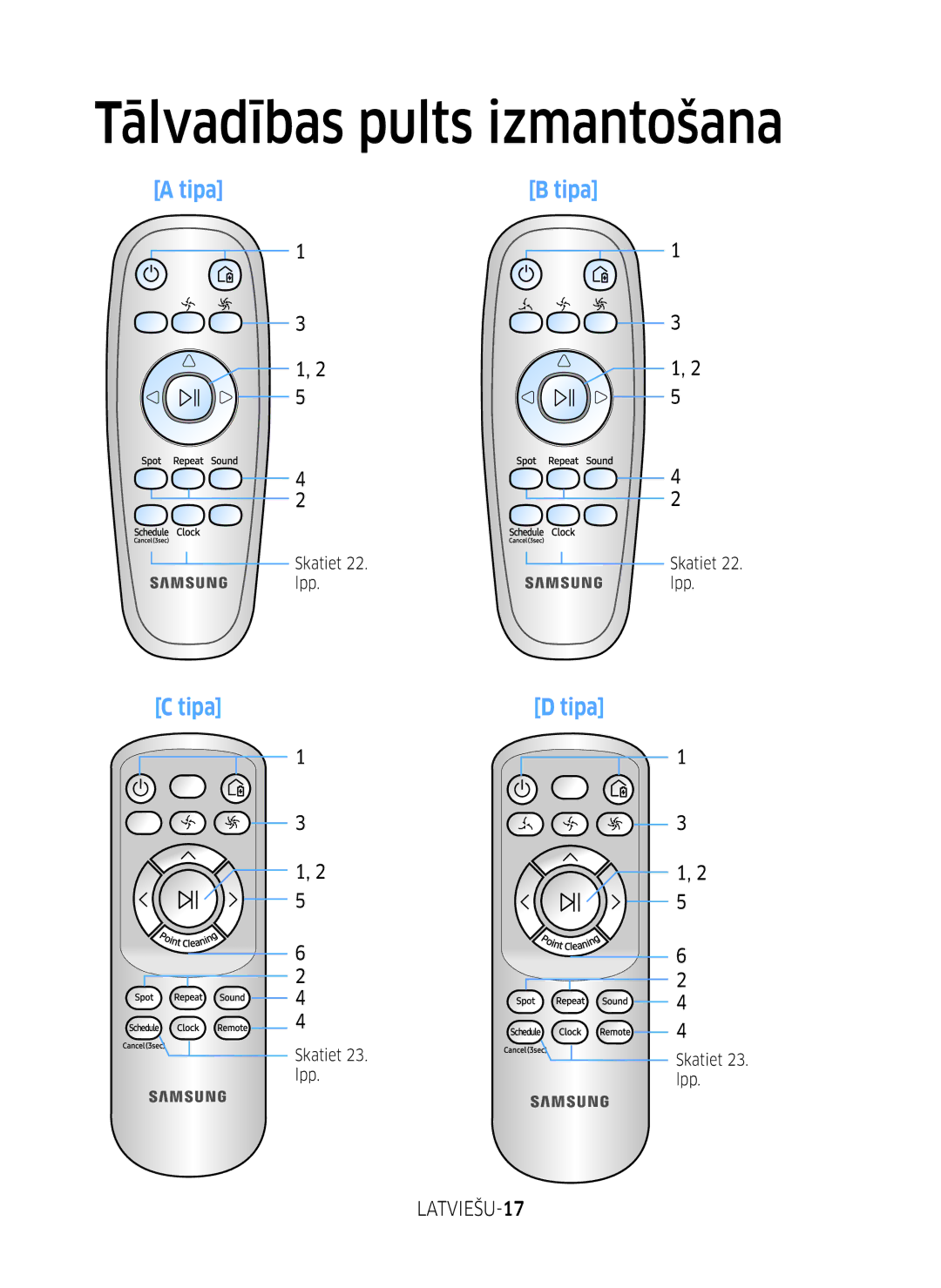 Samsung VR10M701BUW/SB manual Tālvadības pults izmantošana, LATVIEŠU-17, Skatiet 22. lpp, Skatiet 23. lpp 