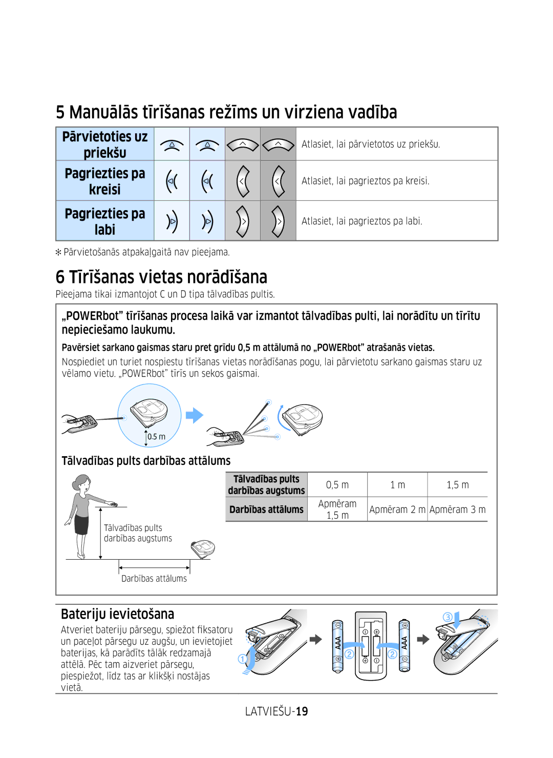 Samsung VR10M701BUW/SB Manuālās tīrīšanas režīms un virziena vadība, Tīrīšanas vietas norādīšana, Bateriju ievietošana 