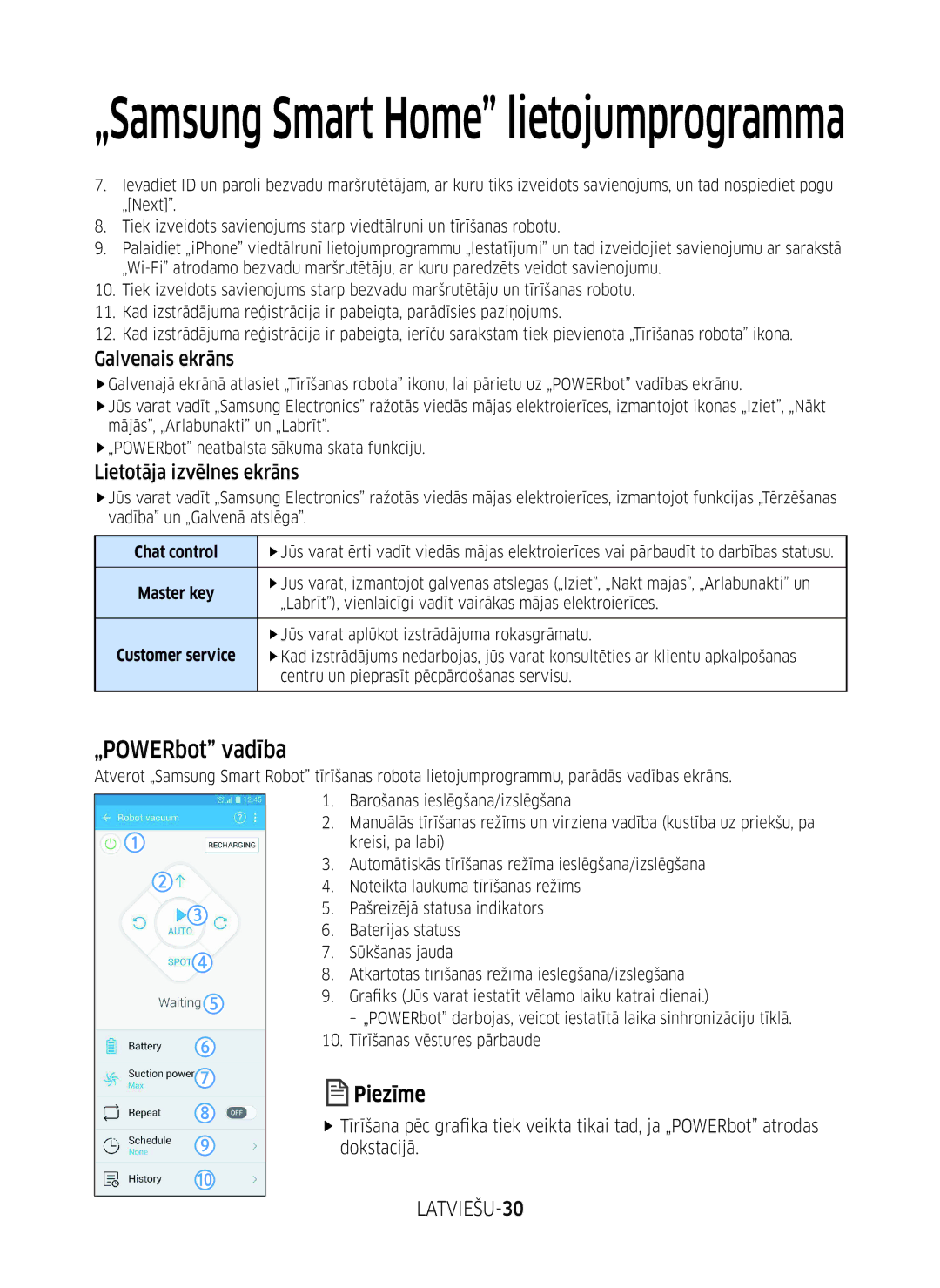 Samsung VR10M701BUW/SB manual „POWERbot vadība, Galvenais ekrāns, Lietotāja izvēlnes ekrāns, LATVIEŠU-30 