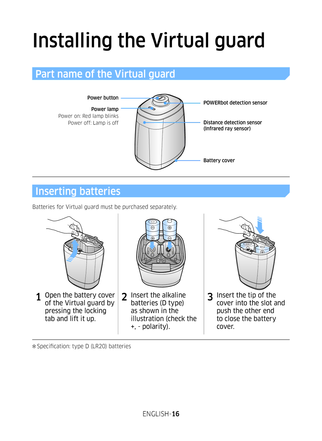 Samsung VR10M701BUW/SB manual Part name of the Virtual guard, Inserting batteries, ENGLISH-16 