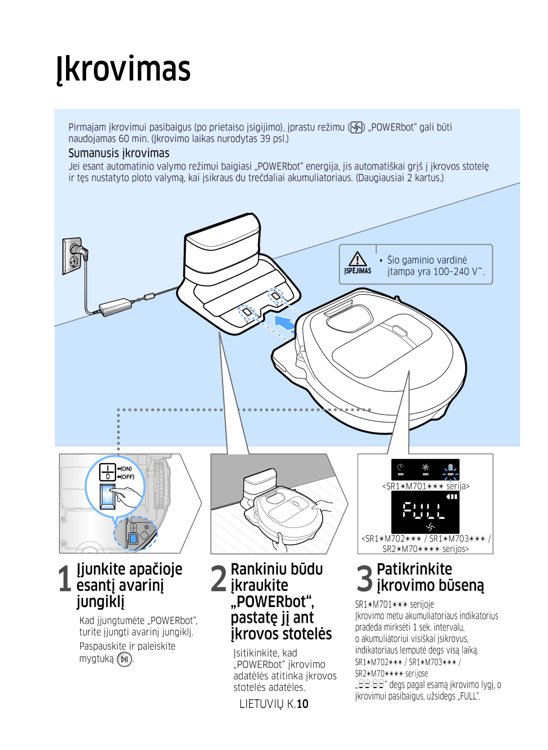 Samsung VR10M701BUW/SB Įkrovimas, Sumanusis įkrovimas, Lietuvių K.10, Paspauskite ir paleiskite mygtuką, SR1M701 serijoje 