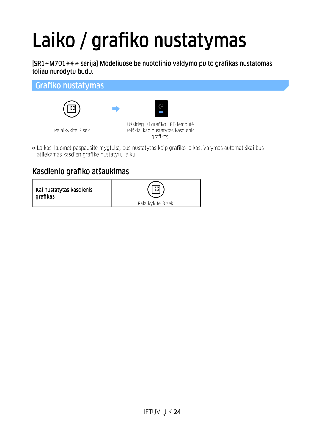 Samsung VR10M701BUW/SB manual Kasdienio grafiko atšaukimas, Lietuvių K.24, Kai nustatytas kasdienis grafikas 