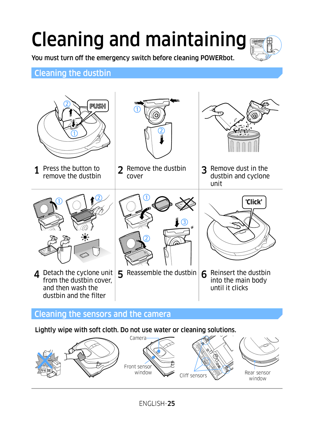 Samsung VR10M701BUW/SB Cleaning and maintaining, Cleaning the dustbin, Cleaning the sensors and the camera, ENGLISH-25 