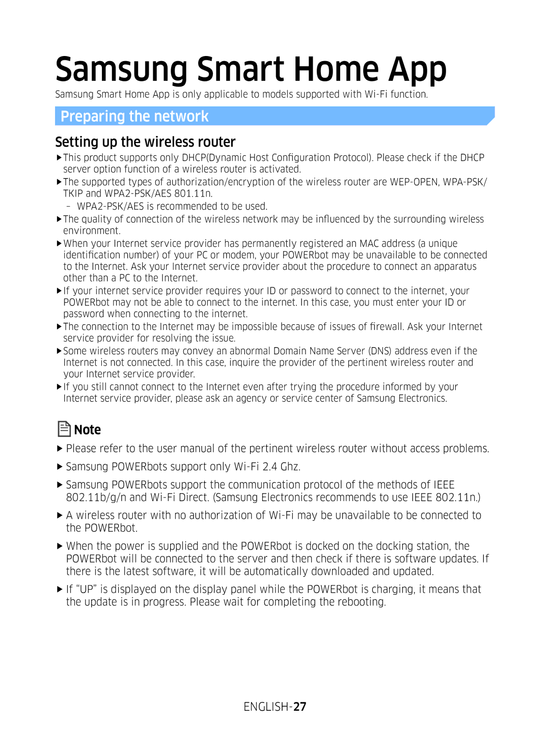 Samsung VR10M701BUW/SB manual Samsung Smart Home App, Preparing the network, Setting up the wireless router, ENGLISH-27 