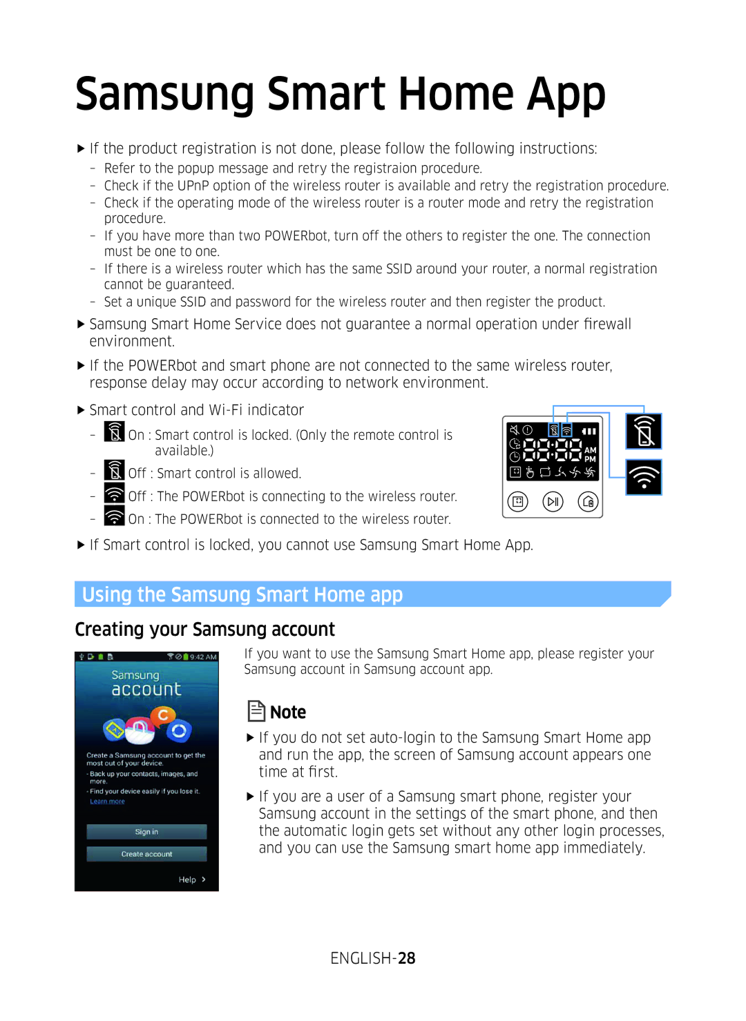 Samsung VR10M701BUW/SB manual Using the Samsung Smart Home app, Creating your Samsung account, ENGLISH-28 