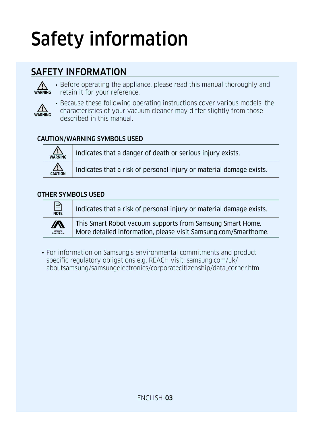 Samsung VR10M701BUW/SB manual Safety information, Other Symbols Used, ENGLISH-03 