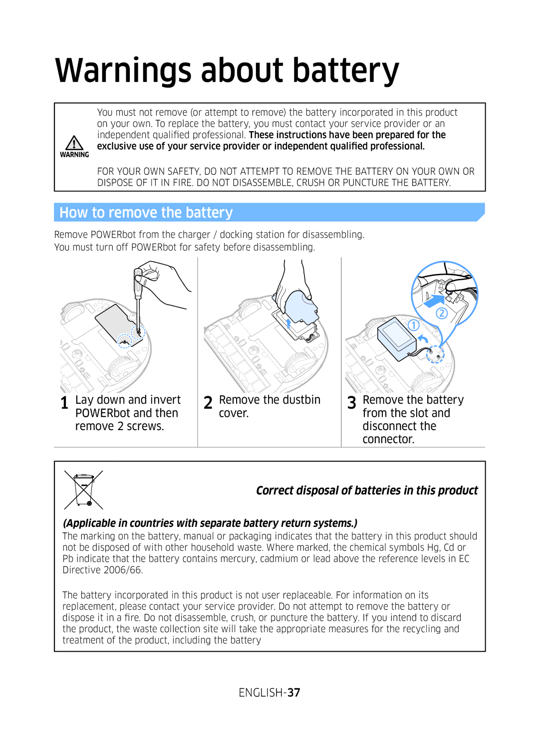 Samsung VR10M701BUW/SB manual How to remove the battery, ENGLISH-37 