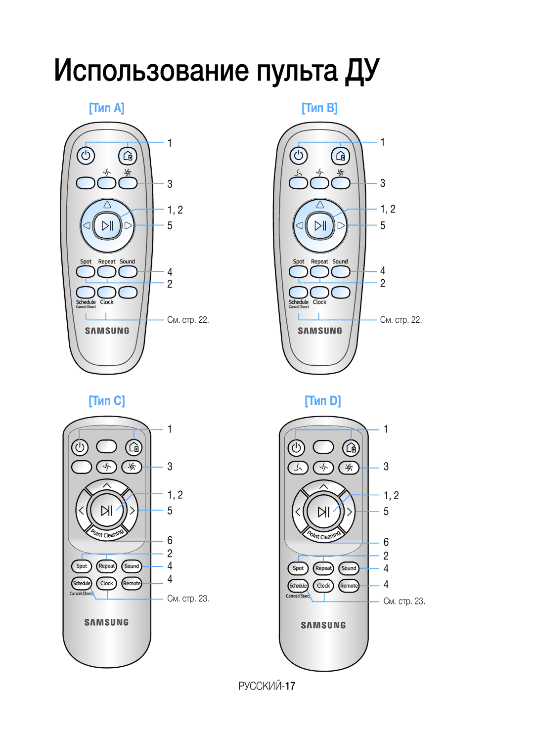 Samsung VR10M701BUW/SB manual Использование пульта ДУ, РУССКИЙ-17, См. стр 