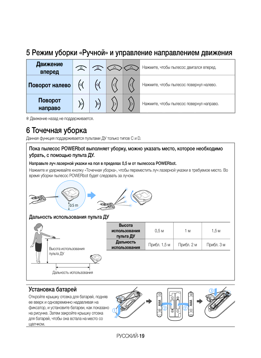 Samsung VR10M701BUW/SB manual Точечная уборка, Установка батарей, Убрать, с помощью пульта ДУ, РУССКИЙ-19 