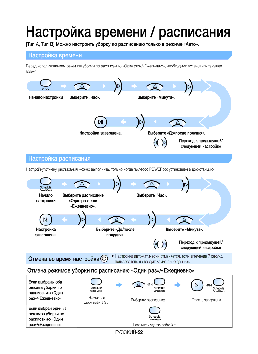 Samsung VR10M701BUW/SB manual Настройка времени, Настройка расписания, РУССКИЙ-22 