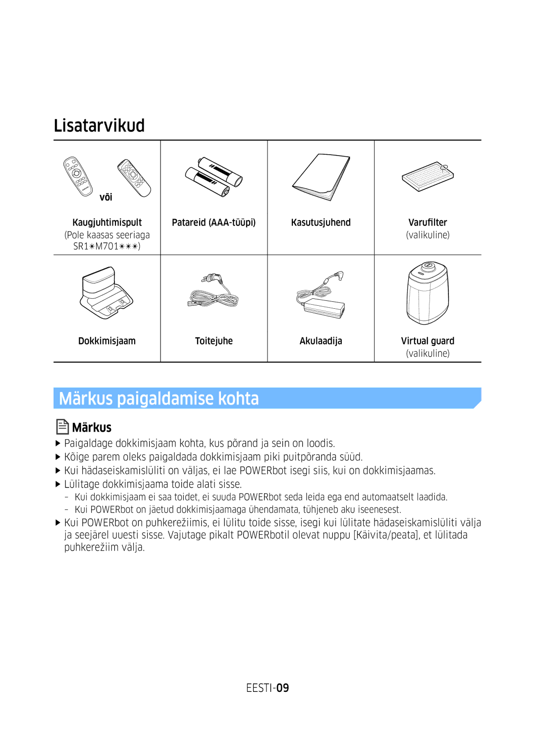 Samsung VR10M701BUW/SB manual Lisatarvikud, Märkus paigaldamise kohta, EESTI-09, Või 