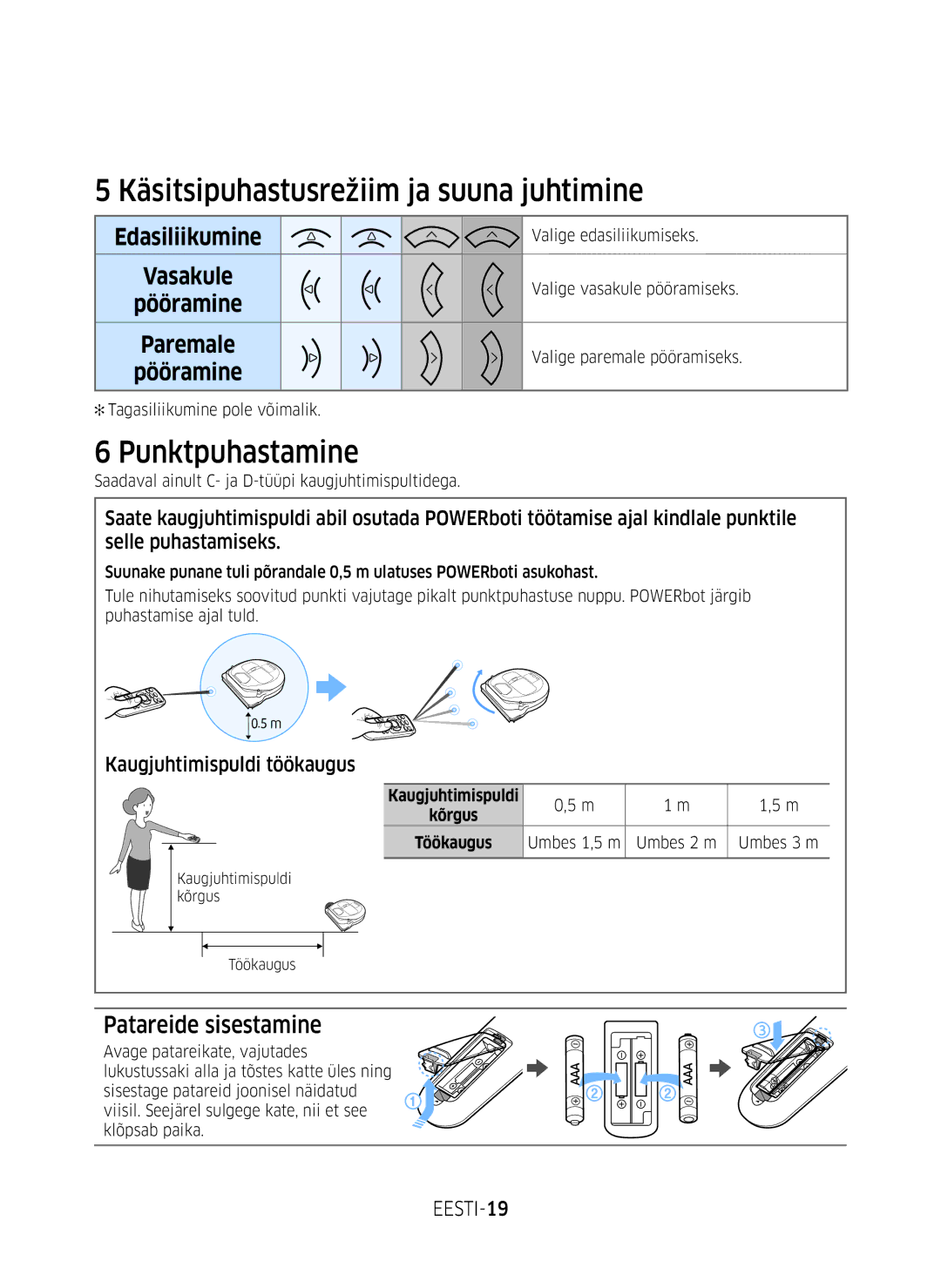 Samsung VR10M701BUW/SB manual Käsitsipuhastusrežiim ja suuna juhtimine, Punktpuhastamine, Patareide sisestamine, EESTI-19 