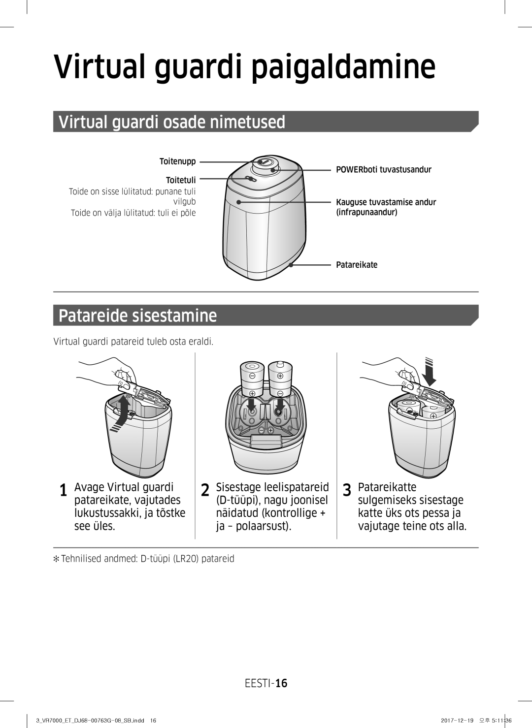 Samsung VR10M701BUW/SB manual Virtual guardi osade nimetused, Patareide sisestamine, EESTI-16 