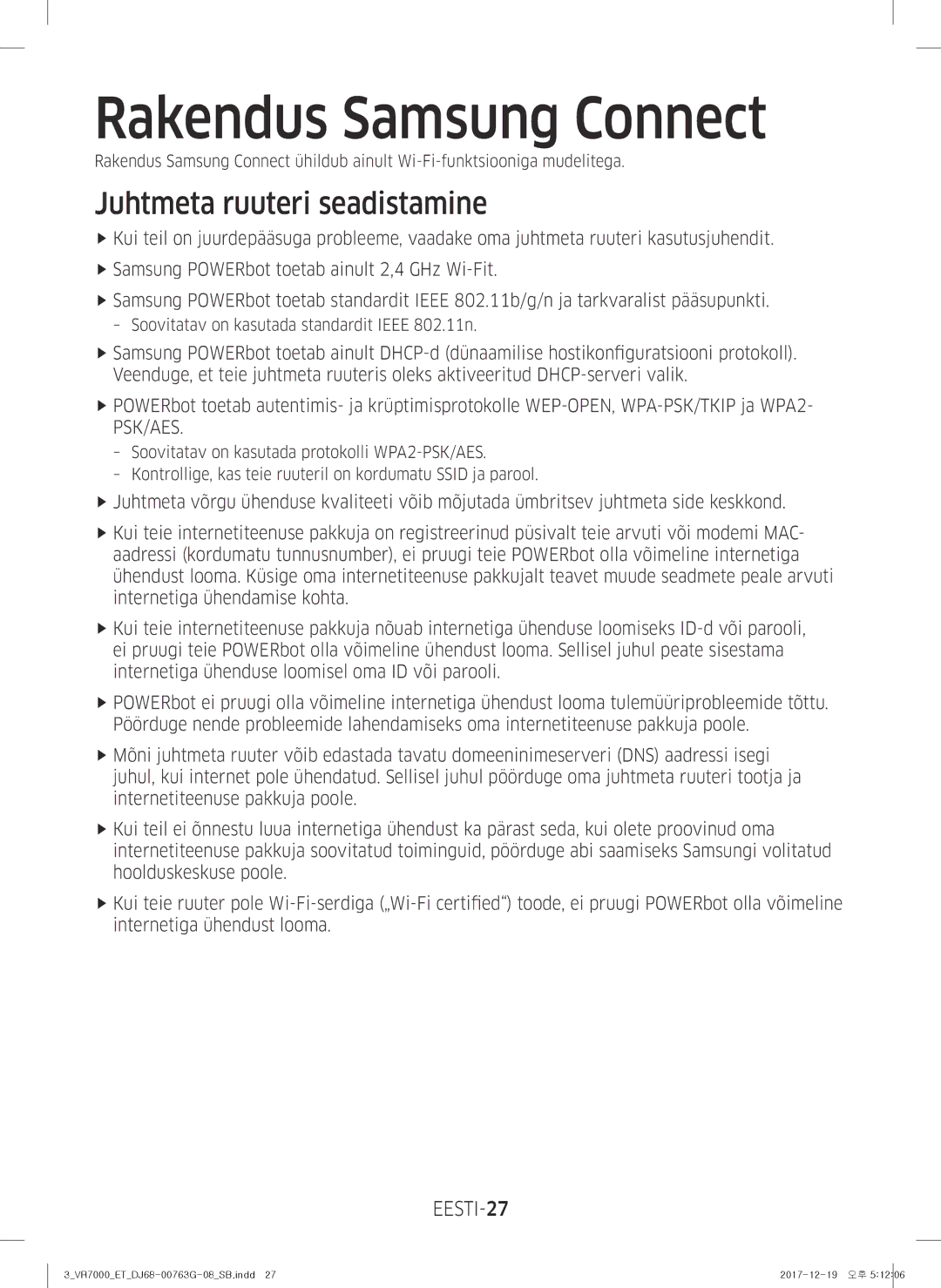 Samsung VR10M701BUW/SB manual Rakendus Samsung Connect, Juhtmeta ruuteri seadistamine, EESTI-27 