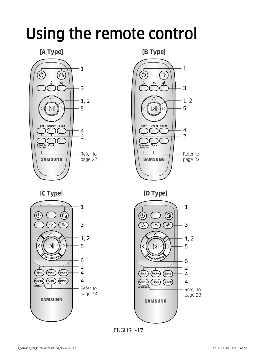 Samsung VR10M701BUW/SB manual Using the remote control, ENGLISH-17, Refer to 