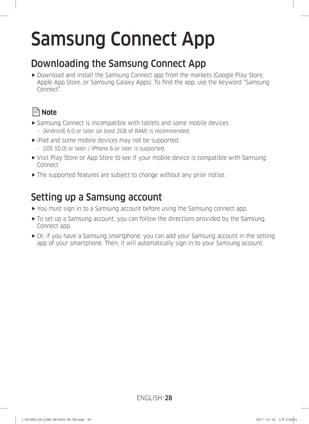 Samsung VR10M701BUW/SB manual Downloading the Samsung Connect App, Setting up a Samsung account, ENGLISH-28 