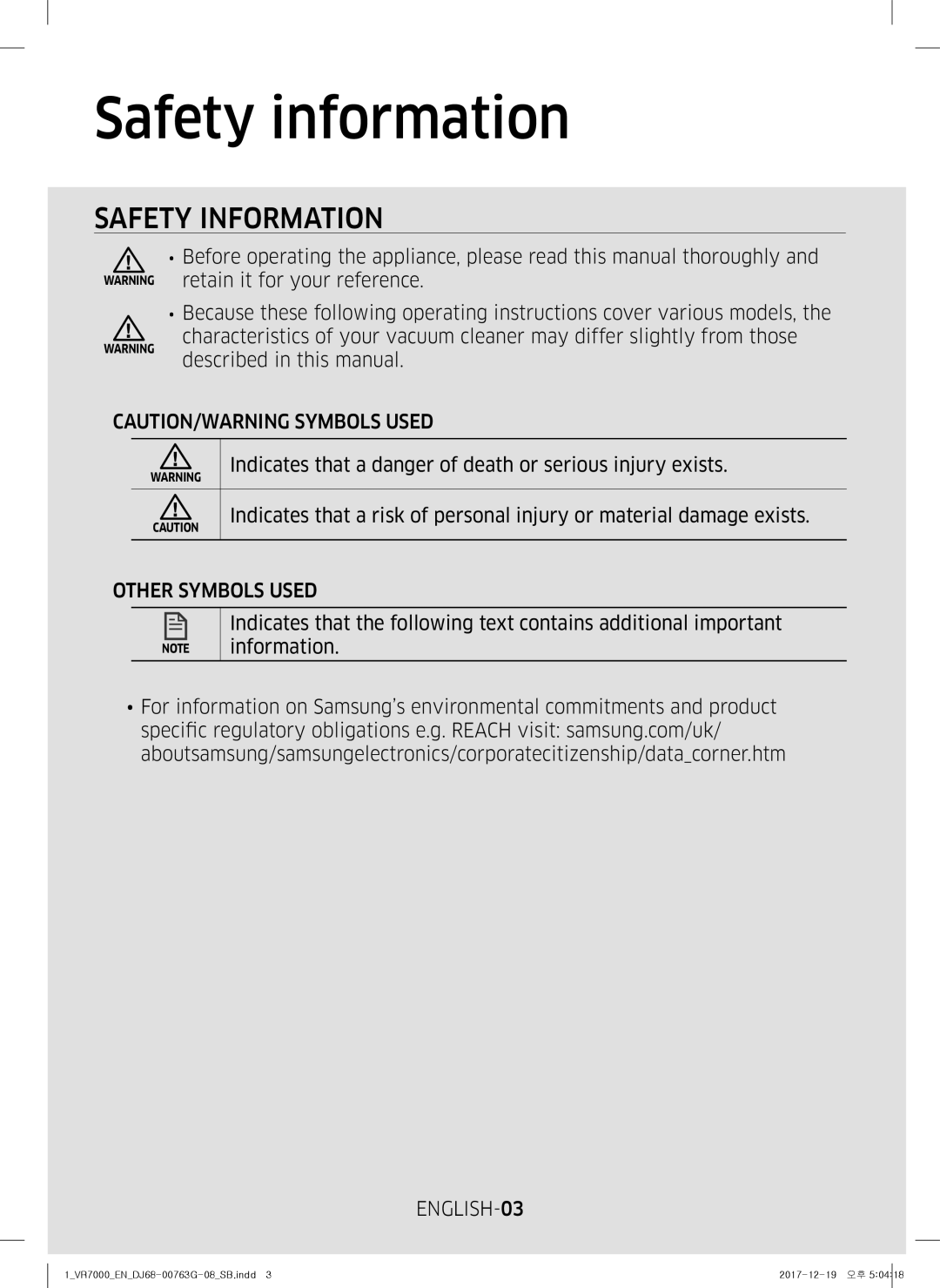 Samsung VR10M701BUW/SB manual Safety information, Other Symbols Used, ENGLISH-03 