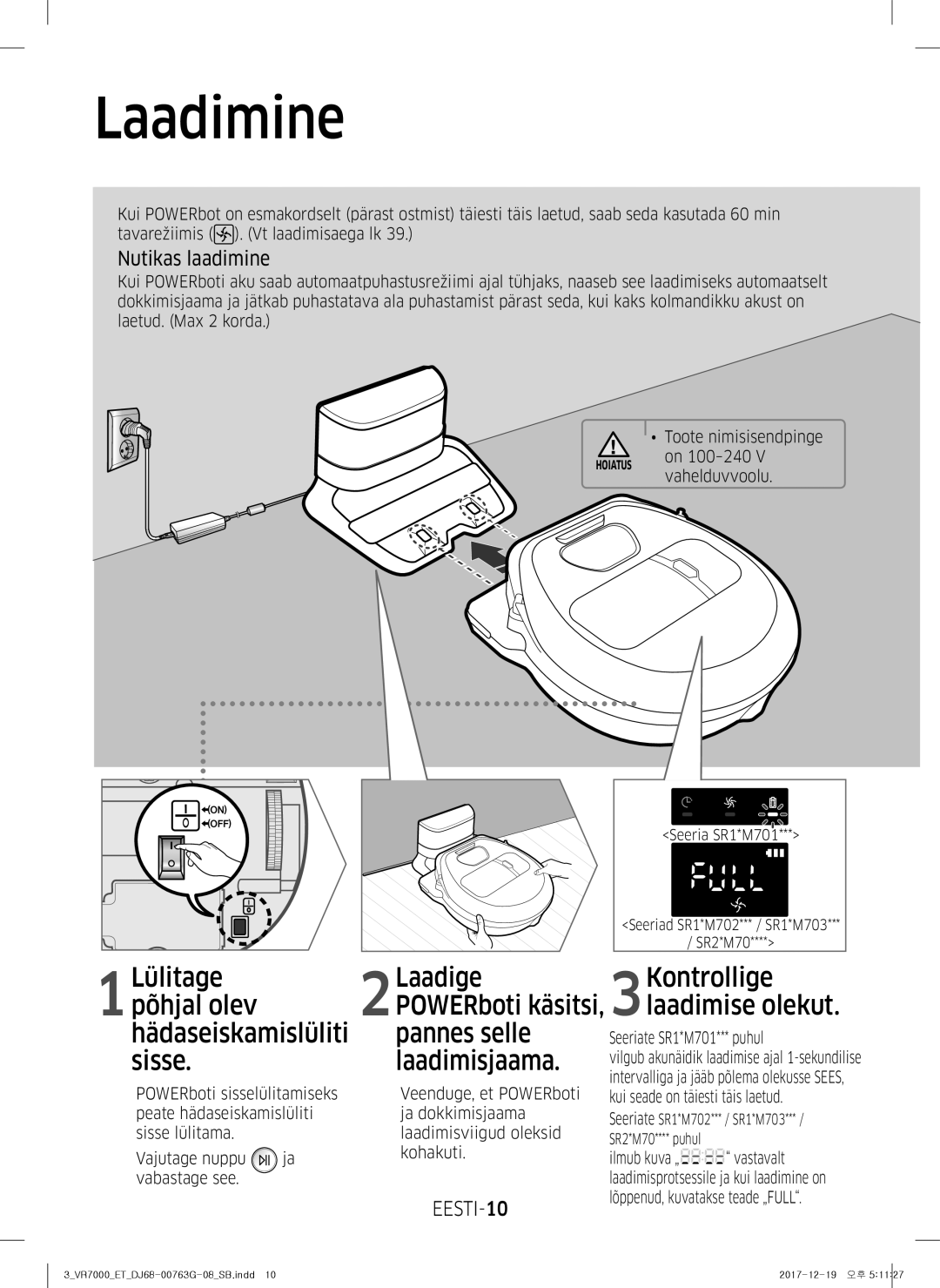 Samsung VR10M701BUW/SB manual Laadimine, Nutikas laadimine, EESTI-10, Seeriate SR1*M701*** puhul 