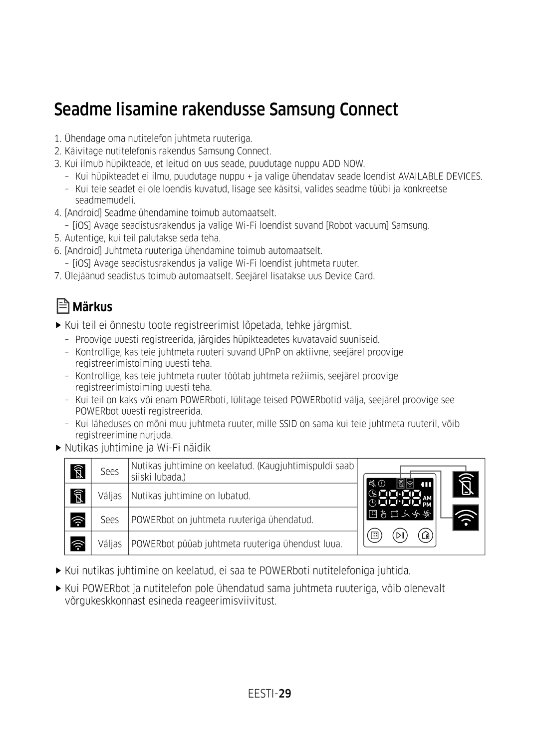 Samsung VR10M701BUW/SB manual Seadme lisamine rakendusse Samsung Connect, EESTI-29, FfNutikas juhtimine ja Wi-Fi näidik 