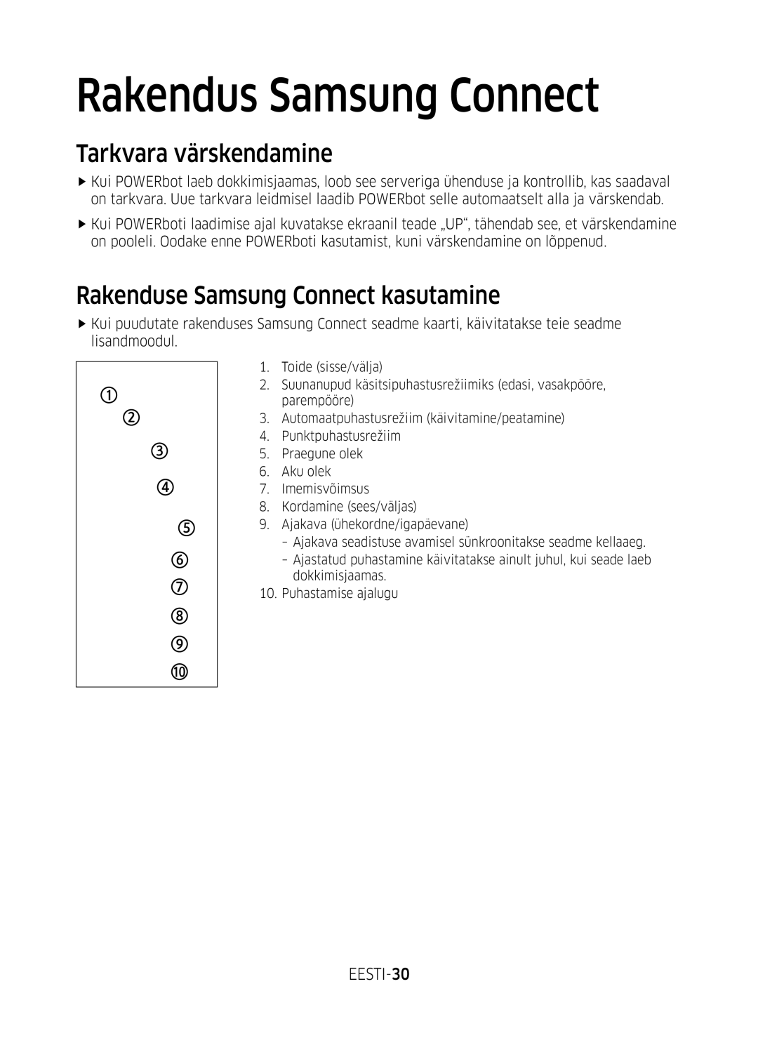 Samsung VR10M701BUW/SB manual Tarkvara värskendamine, Rakenduse Samsung Connect kasutamine, EESTI-30 