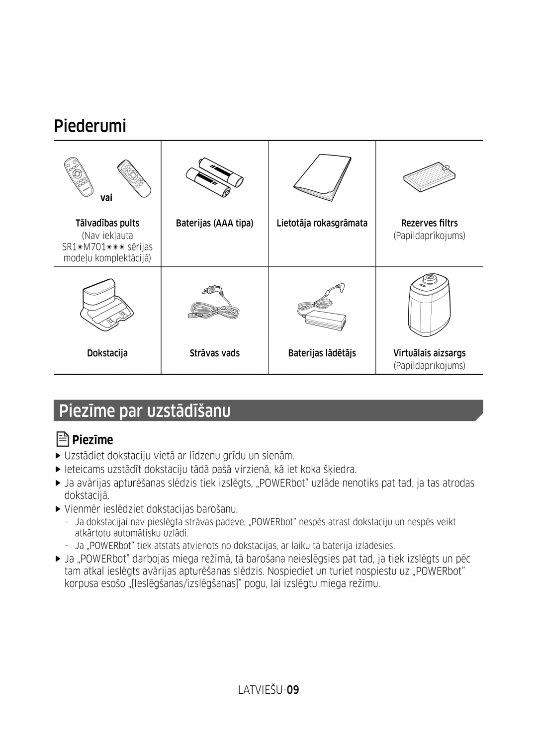 Samsung VR10M701BUW/SB manual Piederumi, Piezīme par uzstādīšanu, LATVIEŠU-09, Vai, Tālvadības pults Nav iekļauta 