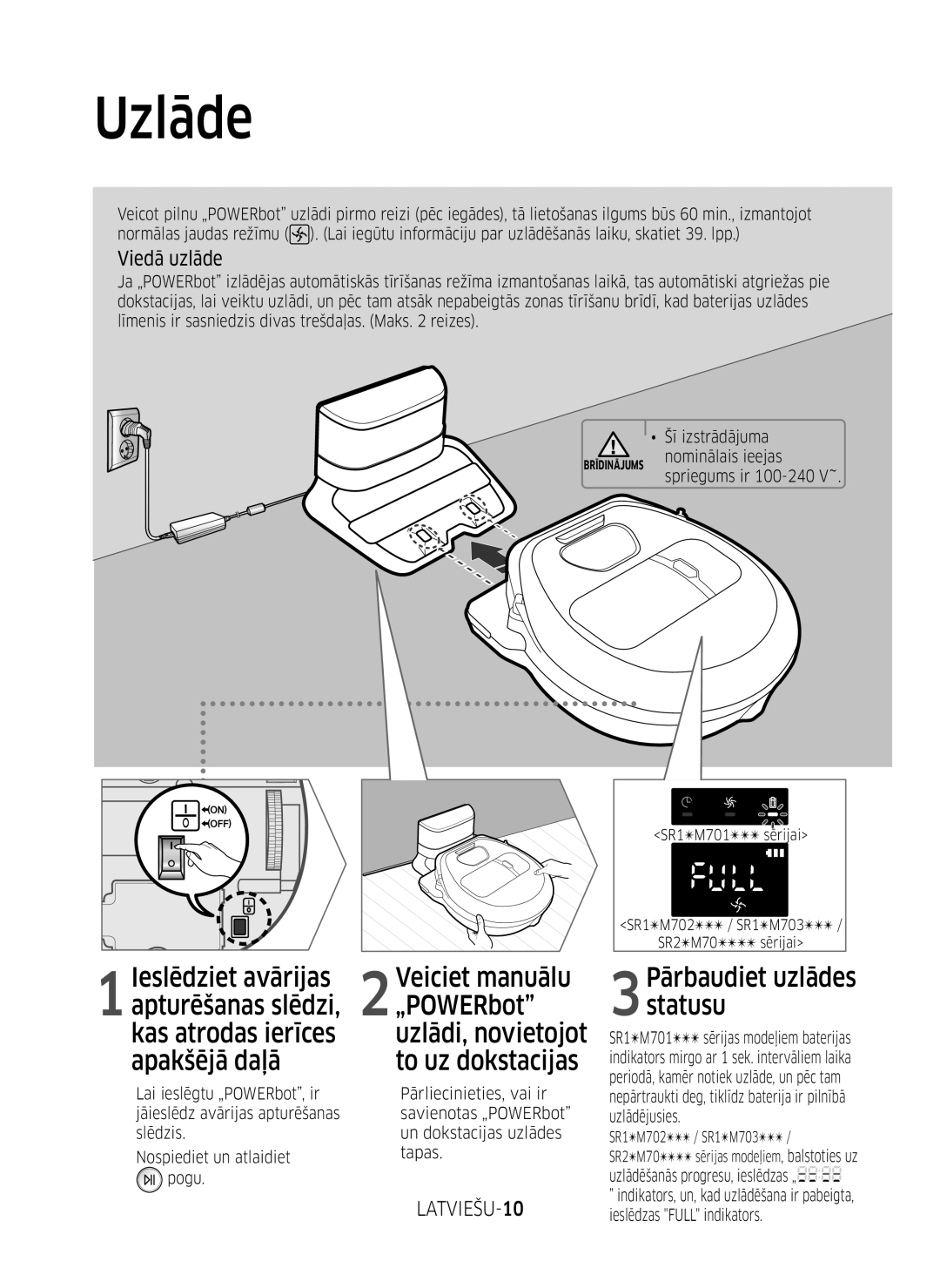 Samsung VR10M701BUW/SB manual Uzlāde, Viedā uzlāde, LATVIEŠU-10 