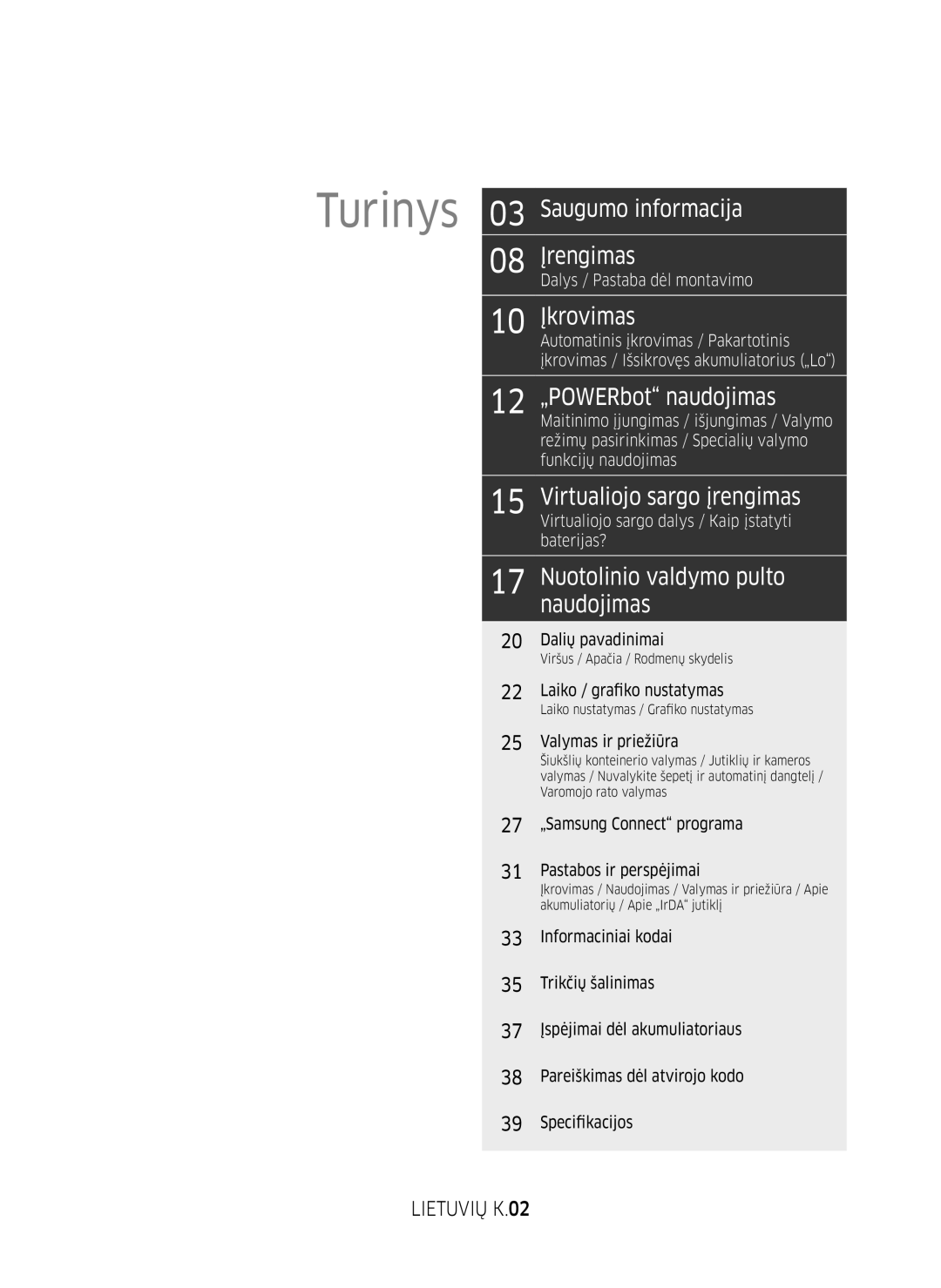 Samsung VR10M701BUW/SB manual Lietuvių K.02 