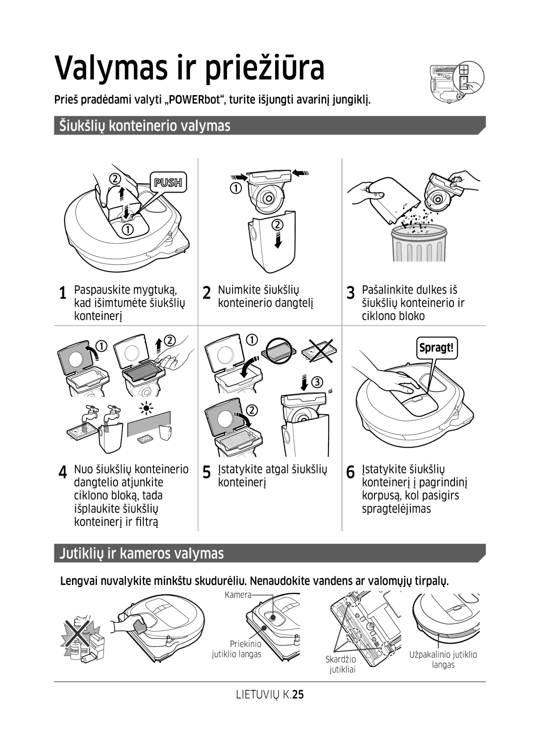 Samsung VR10M701BUW/SB Valymas ir priežiūra, Šiukšlių konteinerio valymas, Jutiklių ir kameros valymas, Lietuvių K.25 