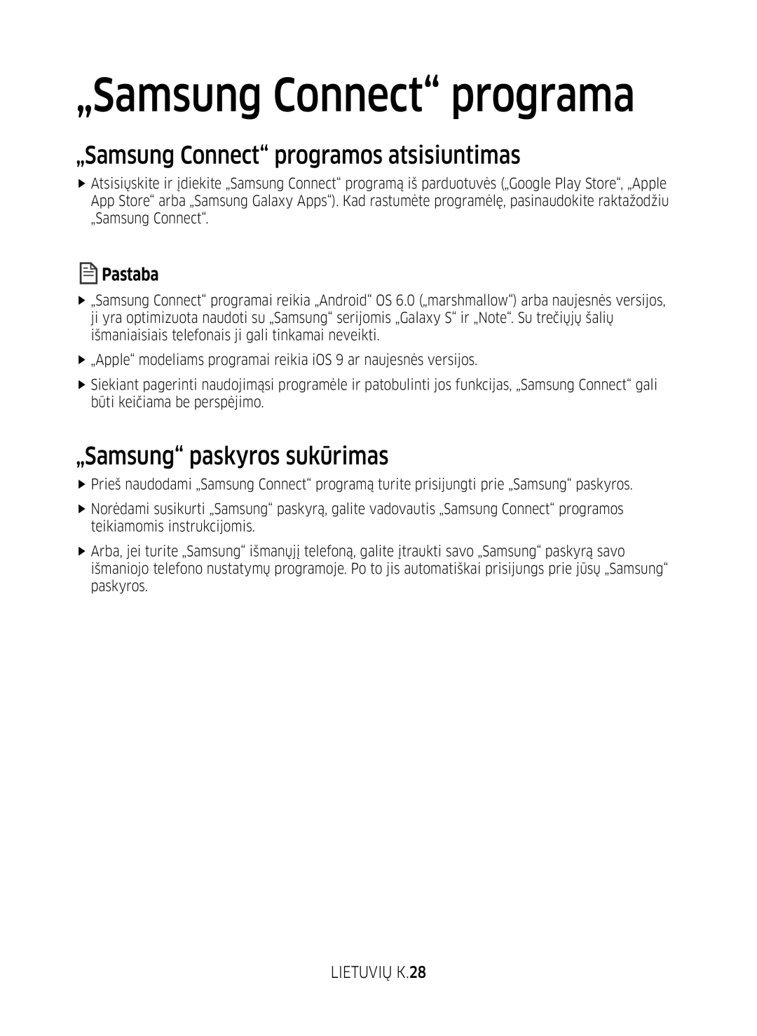 Samsung VR10M701BUW/SB manual „Samsung Connect programos atsisiuntimas, „Samsung paskyros sukūrimas, Lietuvių K.28 