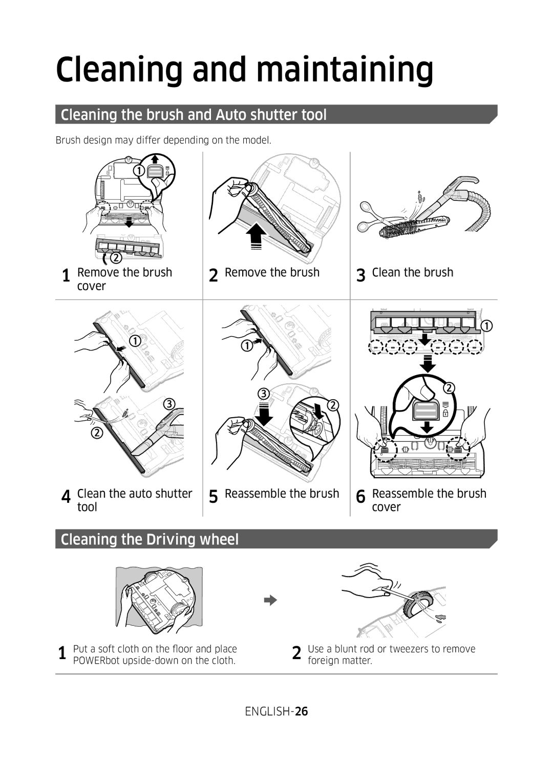 Samsung VR10M701BUW/SB manual Cleaning the brush and Auto shutter tool, Cleaning the Driving wheel, ENGLISH-26 