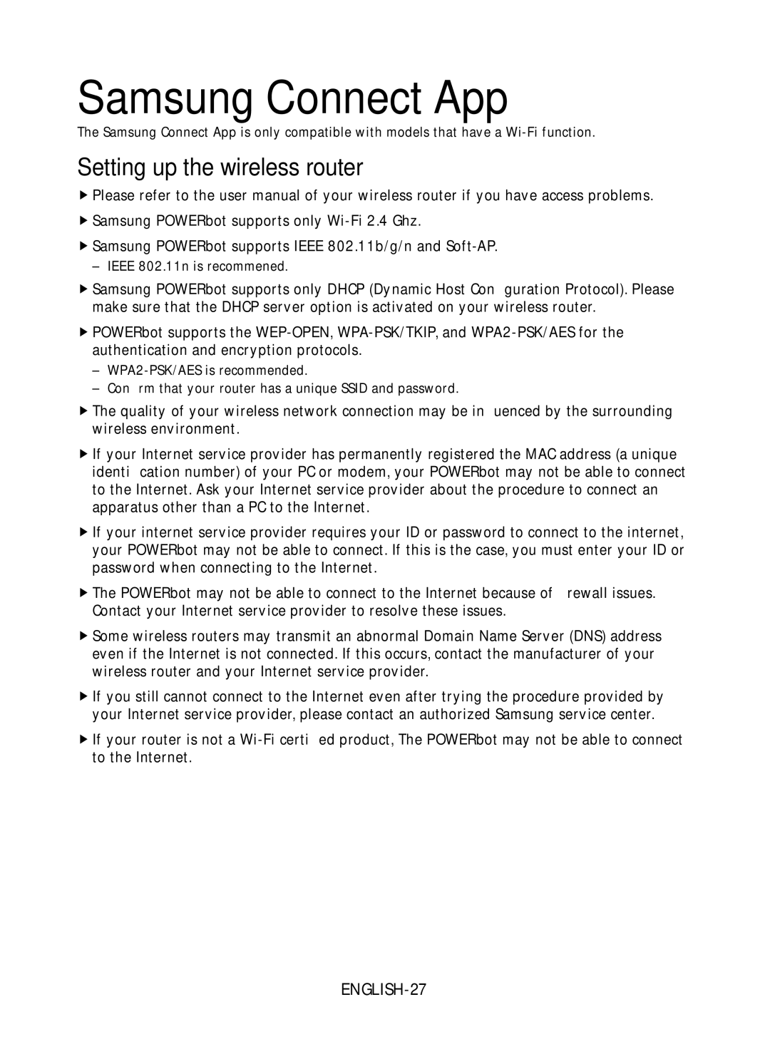 Samsung VR10M701BUW/SB manual Samsung Connect App, Setting up the wireless router, ENGLISH-27, Ieee 802.11n is recommened 