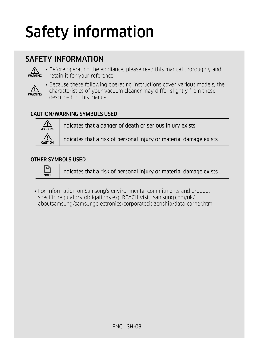 Samsung VR10M701BUW/SB manual Safety information, Other Symbols Used, ENGLISH-03 