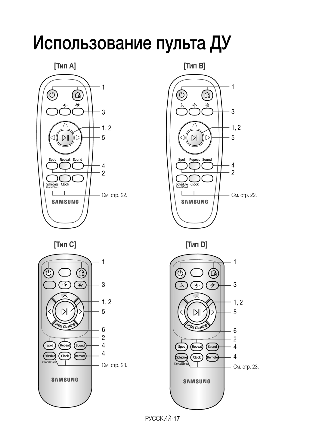 Samsung VR10M701BUW/SB manual Использование пульта ДУ, РУССКИЙ-17, См. стр 