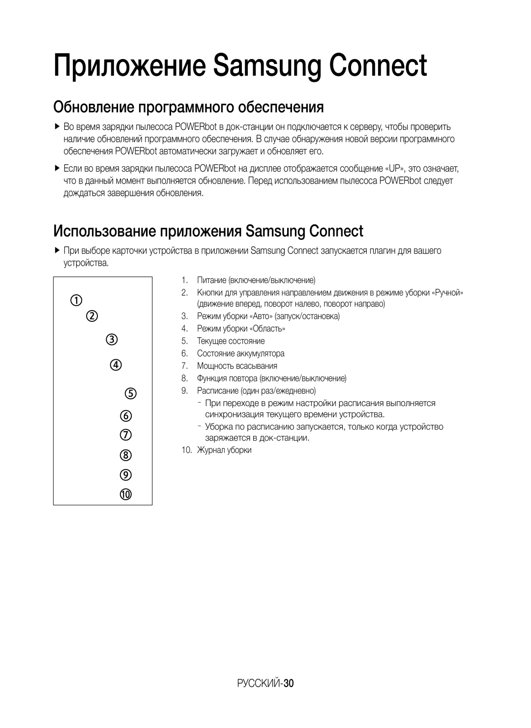 Samsung VR10M701BUW/SB manual Обновление программного обеспечения, Использование приложения Samsung Connect, РУССКИЙ-30 