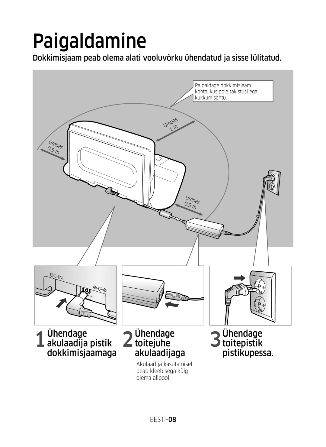 Samsung VR10M701BUW/SB manual Paigaldamine, EESTI-08, Akulaadija kasutamisel Peab kleebisega külg Olema allpool 