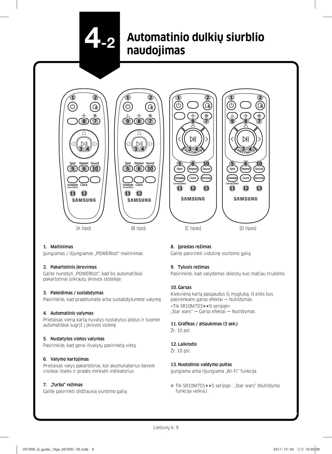 Samsung VR10M703PW9/WA, VR10M701PU5/WA manual 2Automatinionaudojimas dulkių siurblio 